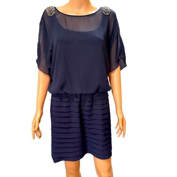 R&M Richards Navy Sheer Overlay Pleated Dress Size 8 - Picture 1 of 15
